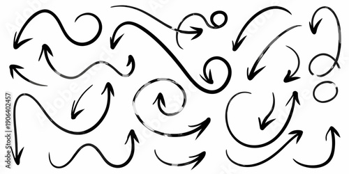 Collection of black arrows and swirling lines on a white background