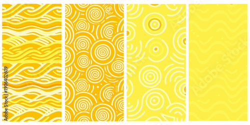 Four yellow patterned backgrounds with repeating abstract designs and textures
