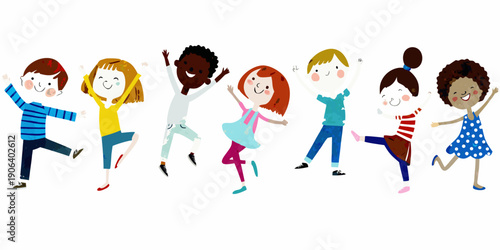 Diverse group of children joyfully jumping and raising their arms