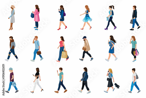 Diverse group of people walking in various casual outfits and poses