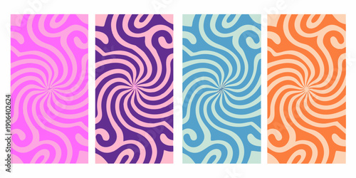 Four vibrant swirling patterns in rectangular shapes with differing colors