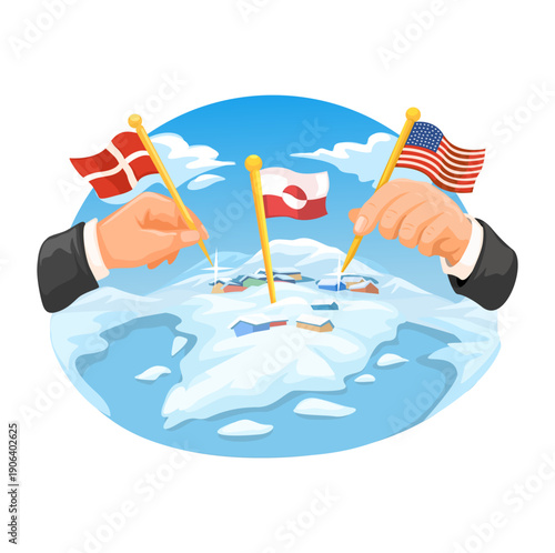 USA and Denmark Flags Planted on Greenland Arctic Island Political Illustration