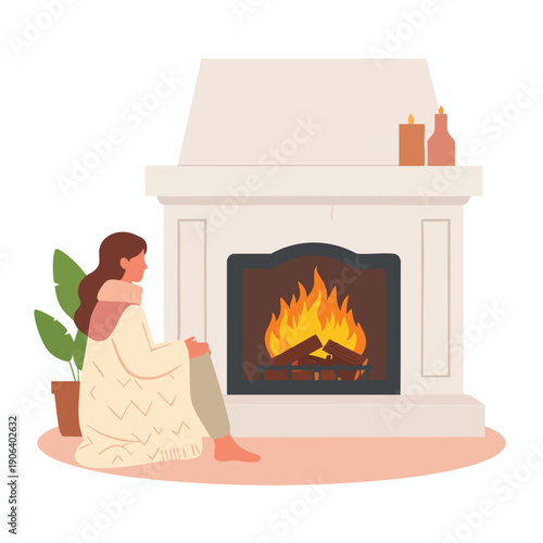Woman Relaxing Beside a Warm Fireplace on a Cold Winter Night Illustration