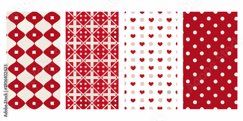 Four patterned fabric swatches in red and white arranged vertically