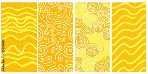 Four yellow panels displaying abstract swirling and wavy line patterns
