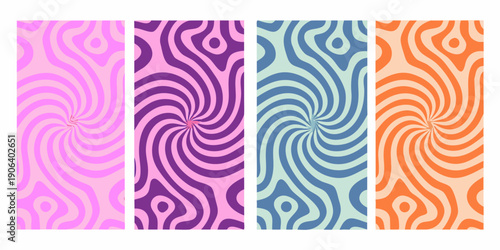 Four vibrant panels displaying swirling hypnotic psychedelic patterns