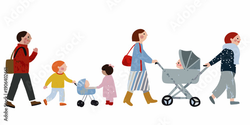 A family with multiple generations walks in a simple illustrated style