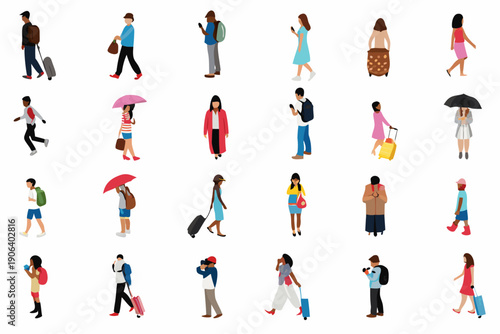 Diverse group of people walking carrying luggage and using umbrellas