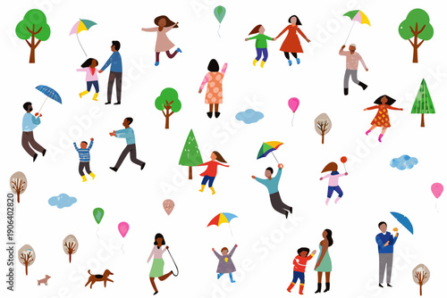 A cheerful illustration depicts people enjoying a rainy day in a park