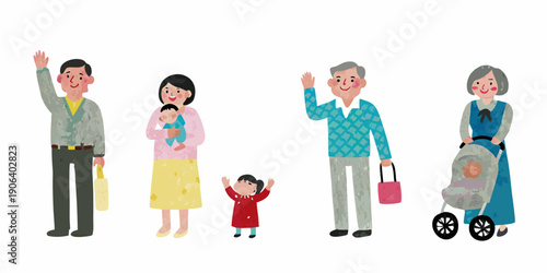 A diverse family group waving including grandparents and a baby