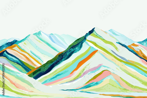 Abstract watercolor painting of colorful layered mountain peaks
