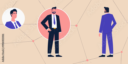 Stylized illustration of three men in suits connected by a network