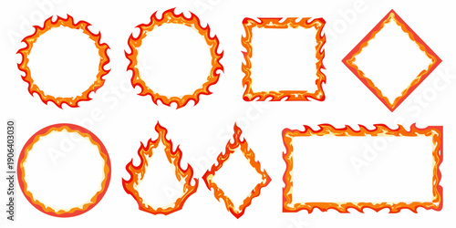 Fiery geometric shapes circles squares and diamonds with flame borders