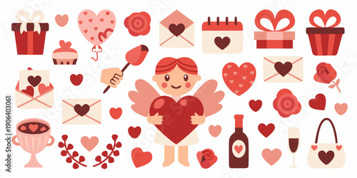 Colorful valentine s day themed illustrations with hearts cupid and gifts