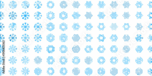 A repeating pattern of light blue snowflake like shapes on white