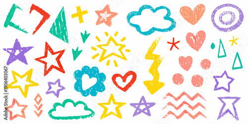 Colorful crayon drawings of various shapes and whimsical designs