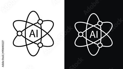 A stylized AI logo in the shape of an atom on white and black backgrounds