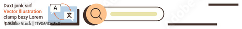 Multilingual search, translation tools, website search, user interface, language concepts, web development. Search bar next to translation icons. Multilingual search and translation tools concept