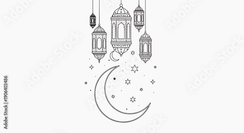 A minimalist vector illustration of hanging lanterns and a crescent moon