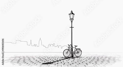 A minimalist line art illustration of a bicycle parked by a streetlamp