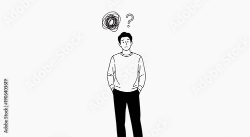 A man with a confused expression and a question mark above his head in a simple vector illustration