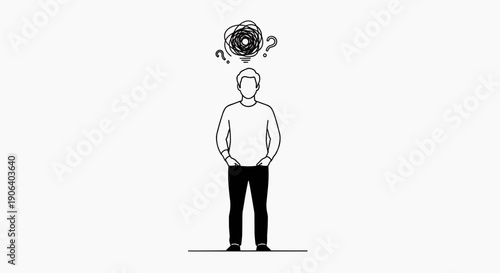 A minimalist line art illustration of a man with a confused thought bubble