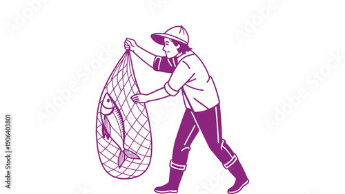 A fisherman holding a large fish in a net outdoors