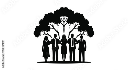 Diverse group of professionals standing together under a stylized tree, symbolizing unity and growth