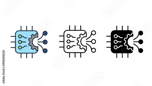 A set of three modern microchip icons in different colors on a white background