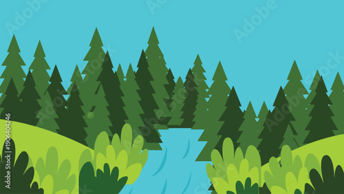 A serene forest landscape with a winding river and lush greenery under a clear blue sky