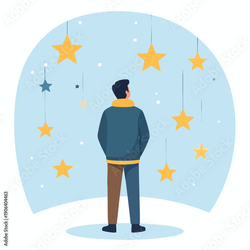 A person stands contemplating numerous stars hanging from above in a serene environment viewed from behind