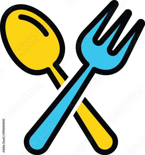 Crossed utensils icon with yellow spoon and blue fork