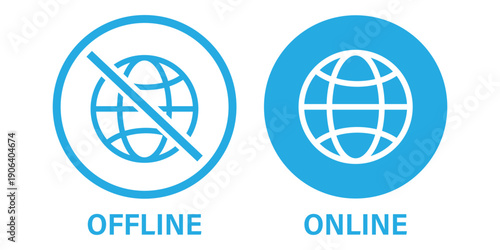Set of online and offline internet icons, red and green vector symbols including globe with no signal and full signal, ideal for network status graphics, internet connectivity design