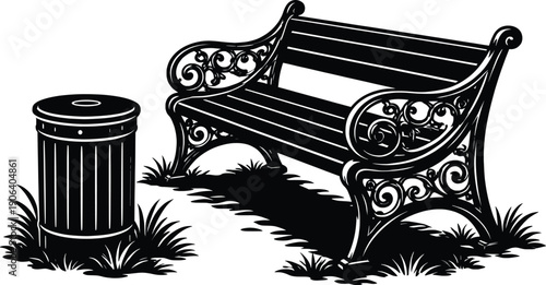 Vintage Park Bench and Trash Can Outdoor Vector Illustration.