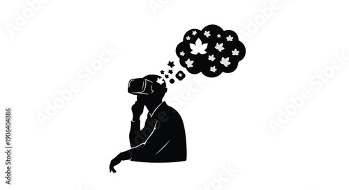 Silhouette of person wearing VR headset, imagining nature with leaves and stars