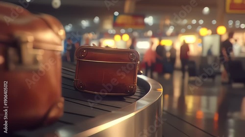 Vintage leather suitcase on airport baggage claim conveyor belt with blurred terminal background.