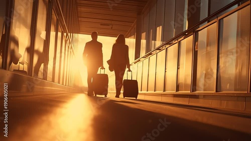Silhouetted business couple walking with rolling suitcases in airport corridor during golden sunset light.