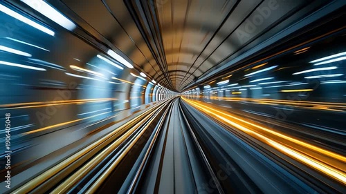 High-speed motion blur inside a modern subway tunnel with warm golden lighting and dynamic perspective.