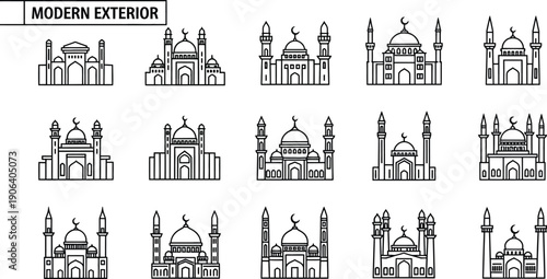 Collection of Modern Mosque Exterior Icons, Islamic Architecture Set