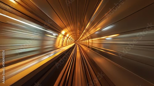 Futuristic metro tunnel with blue and orange light trails creating a dynamic high-speed transportation concept.