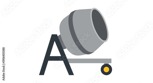 Cement mixer on a cart with a single wheel.