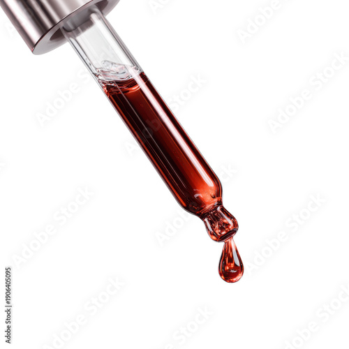 A glass dropper bottle dispensing liquid with a dark background on transparent background