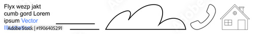 Cloud services, remote communication, connectivity, technology integration, smart homes, and telecommunications. Line art showing cloud, phone house. Cloud services and remote communication concept
