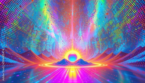 Surreal Cosmic Landscape with Glowing Sun and Vibrant Colors