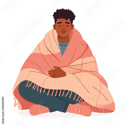 A man sits cross-legged wrapped in a blanket in a serene and peaceful illustration from a straightforward viewpoint