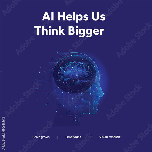Human head silhouette filled with a glowing blue neural network, signifying AI helping us think bigger and expand our vision.
