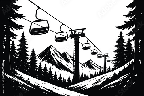 Mountain Cable Car Gondola Over Alpine Forest Landscape Illustration.