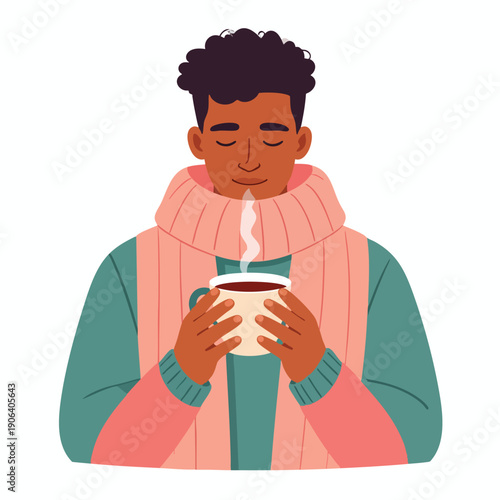 Man enjoying a hot beverage on a cold day, illustrated from a front view