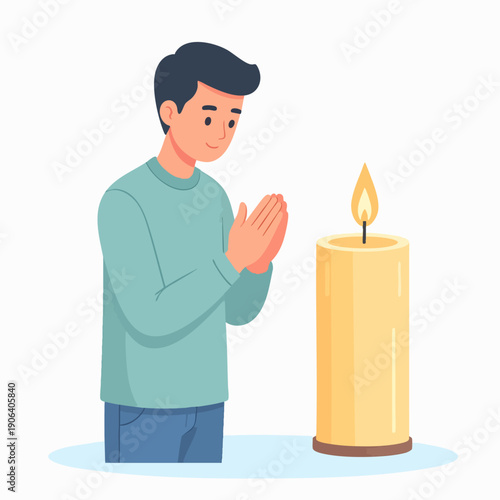Man praying beside a lit candle in a serene contemplative environment viewed from the side