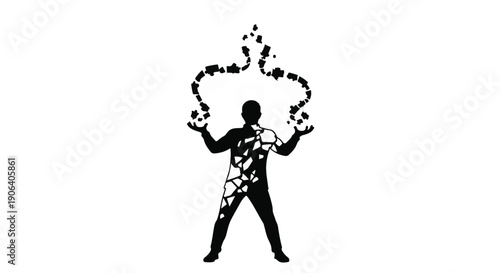 Silhouette of a person juggling abstract shapes, symbolizing creativity and transformation.